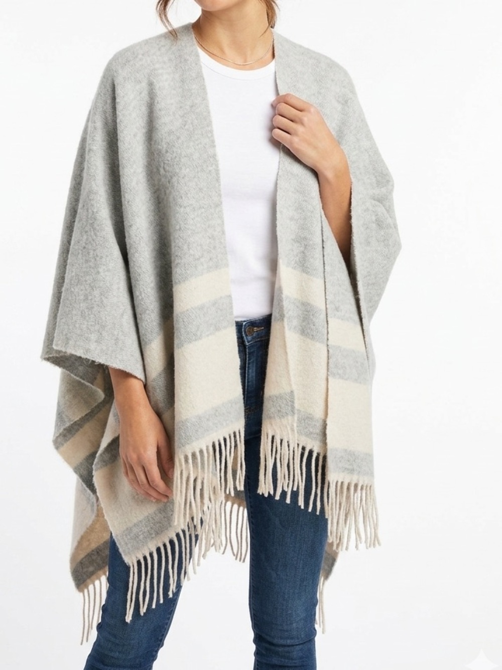 MADISON 88 Elegant Grey & Cream Poncho Wrap Scarf w Fringe
